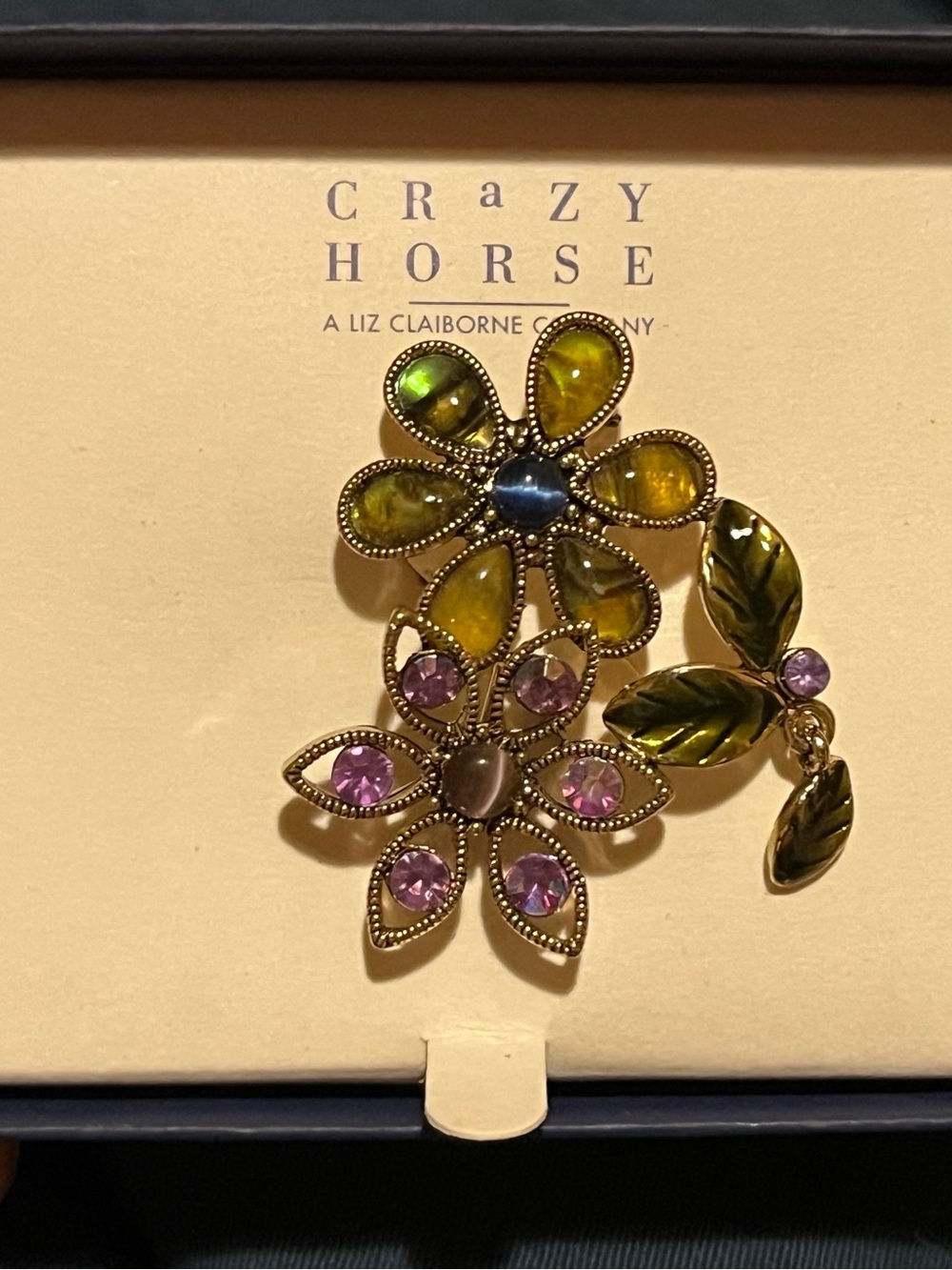 Vintage Crazy Horse Floral Statement Brooch in Green, Yellow & Purple